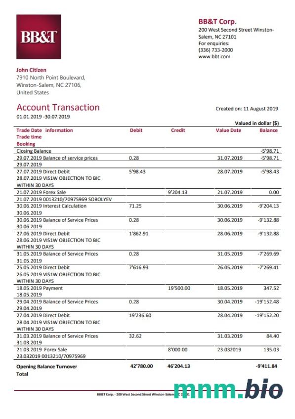 Szablon wyciągu bankowego USA BAC Florida w programie Word i PDF